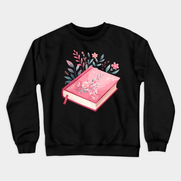 Pink Floral Book Crewneck Sweatshirt by Siha Arts